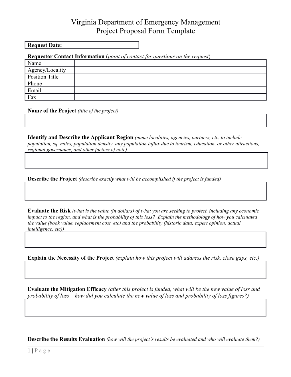 Virginia Department of Emergency Management Project Proposal Form Template