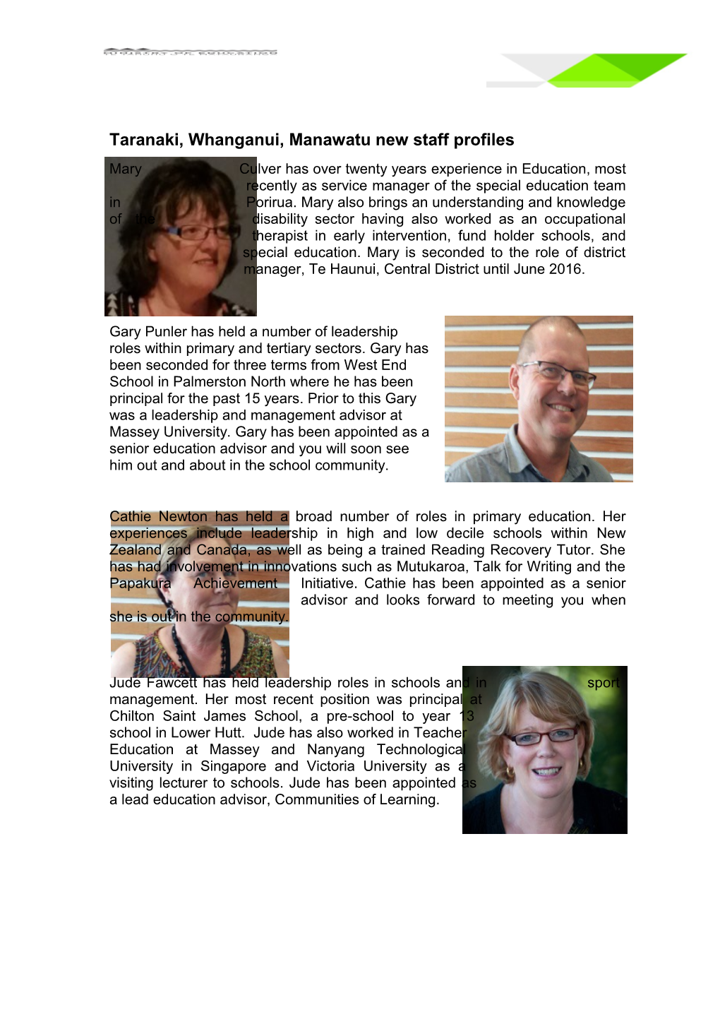 Taranaki, Manawatu and Whanganui New Staff Profiles
