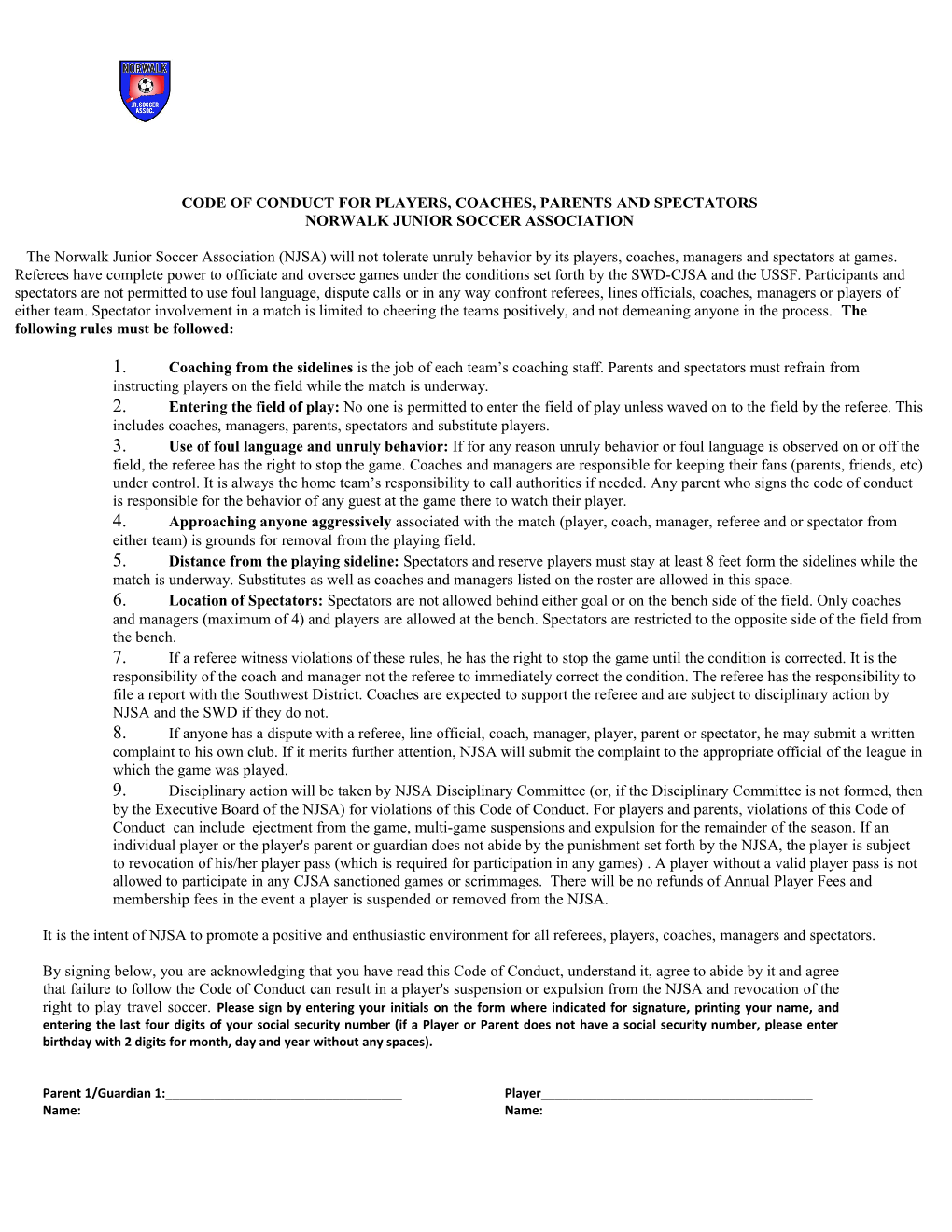 Code of Conduct Agreement for Players, Coaches, Parents and Spectators