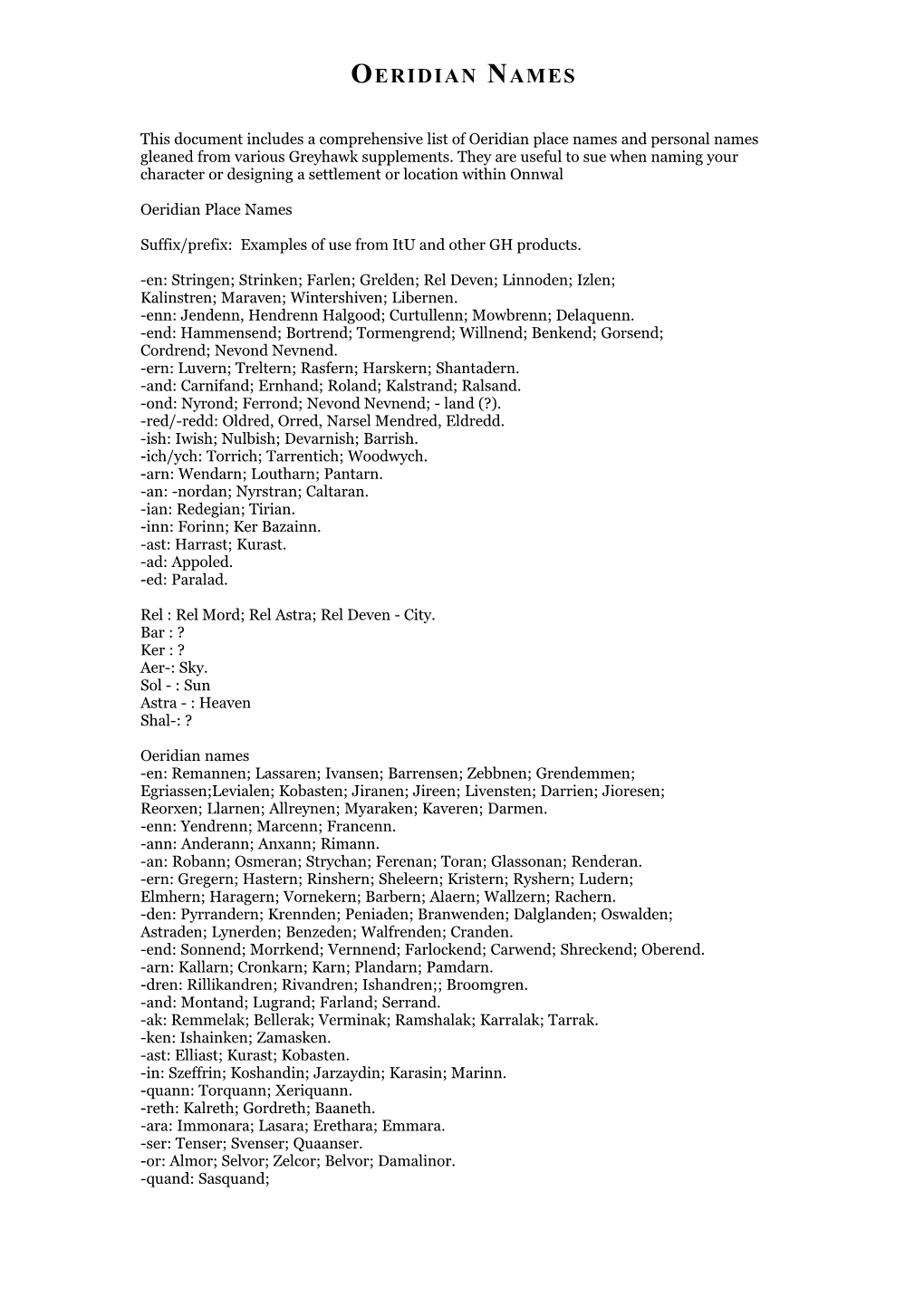 This Document Includes a Comprehensive List of Oeridian Place Names and Personal Names