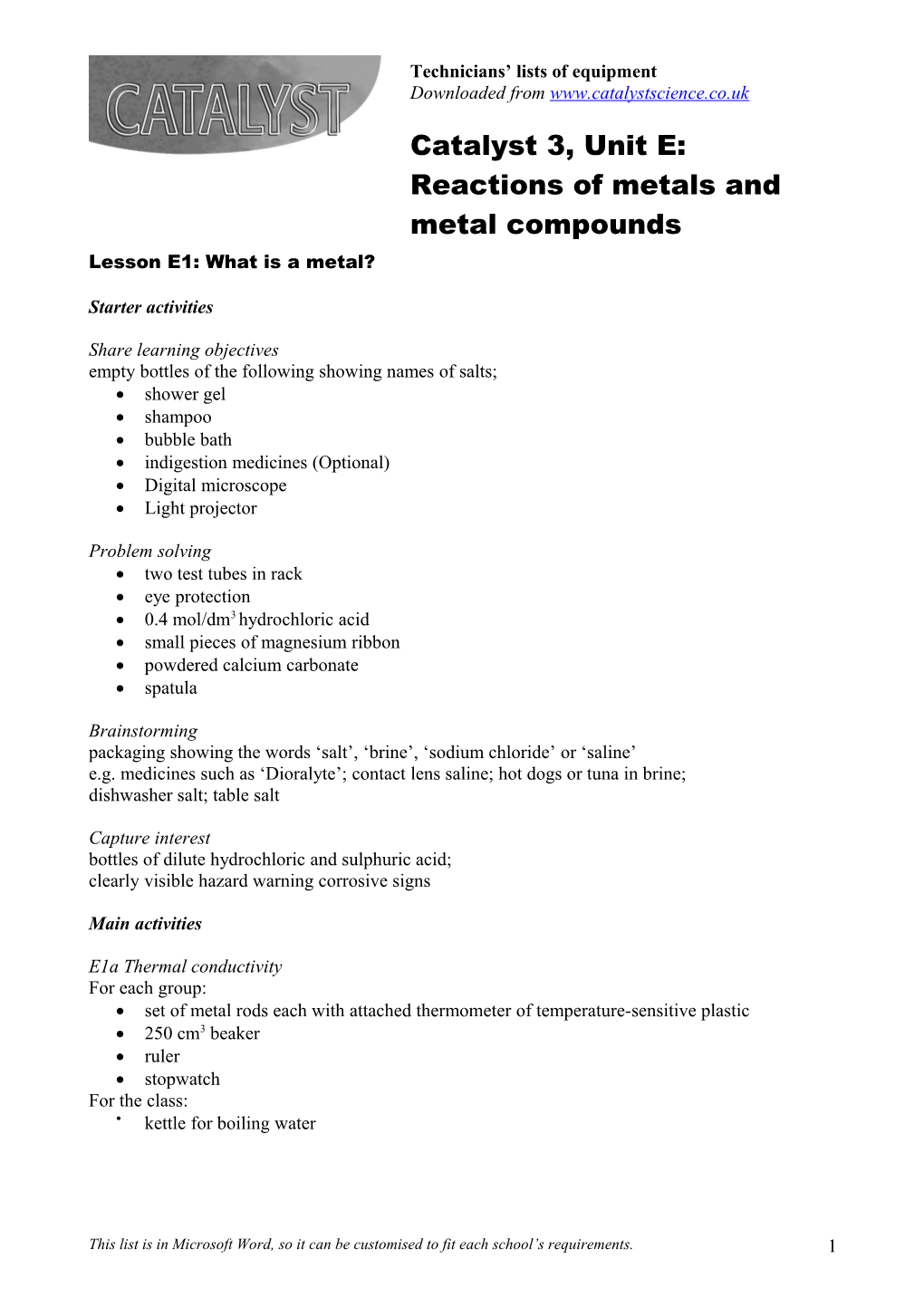 Unit E: Reactions of Metals and Metal Compounds