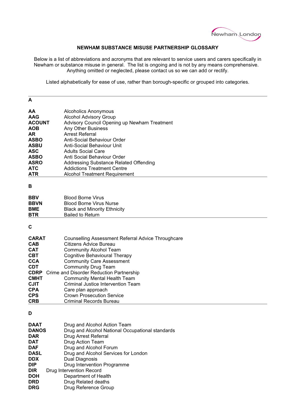 Newham Substance Misuse Partnership Glossary