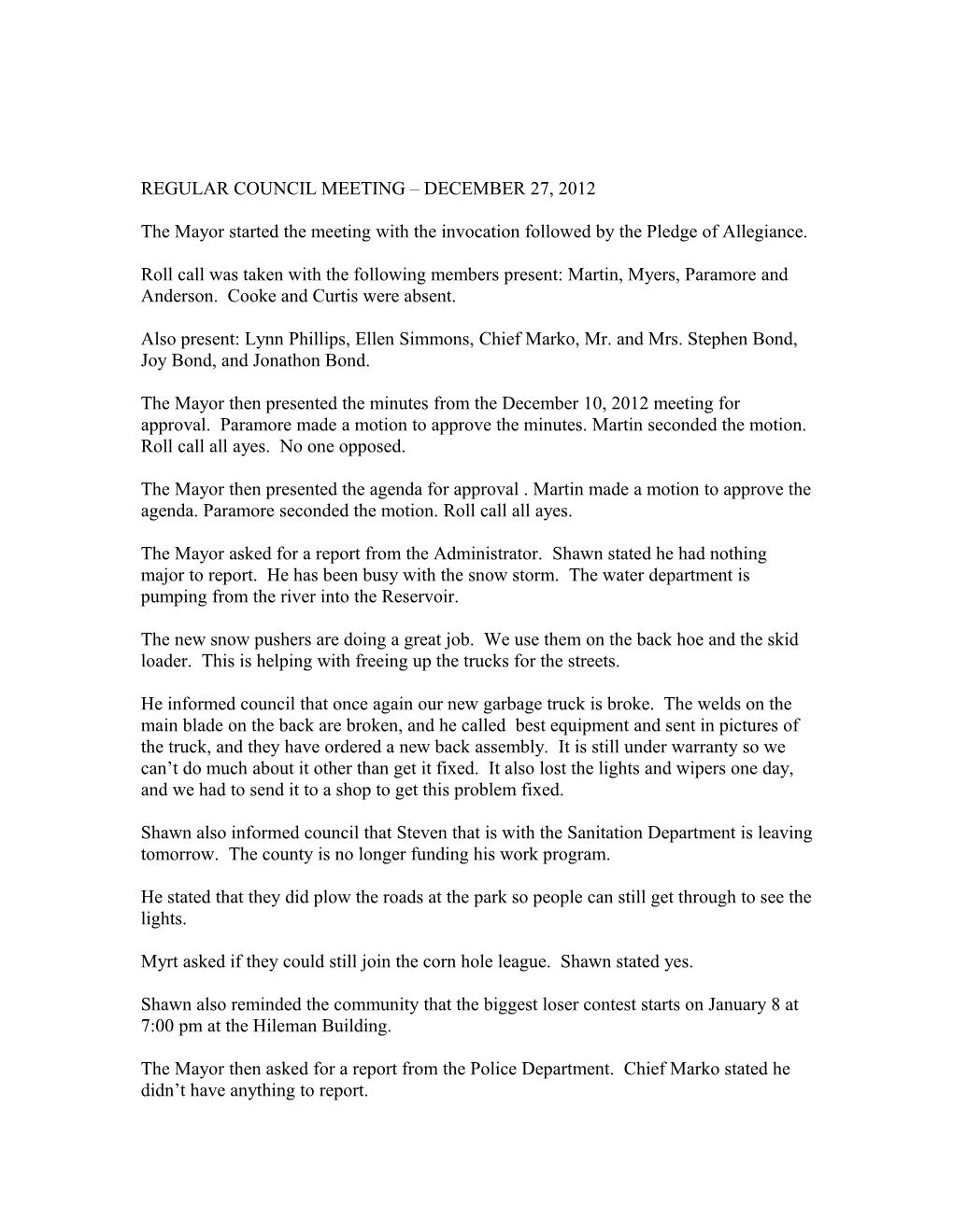 Regular Council Meeting December 27, 2012