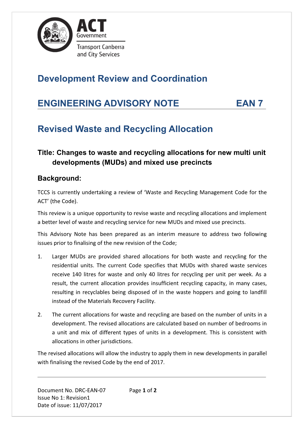 Engineering Advisory Note 7 Revised Waste and Recycling Allocation