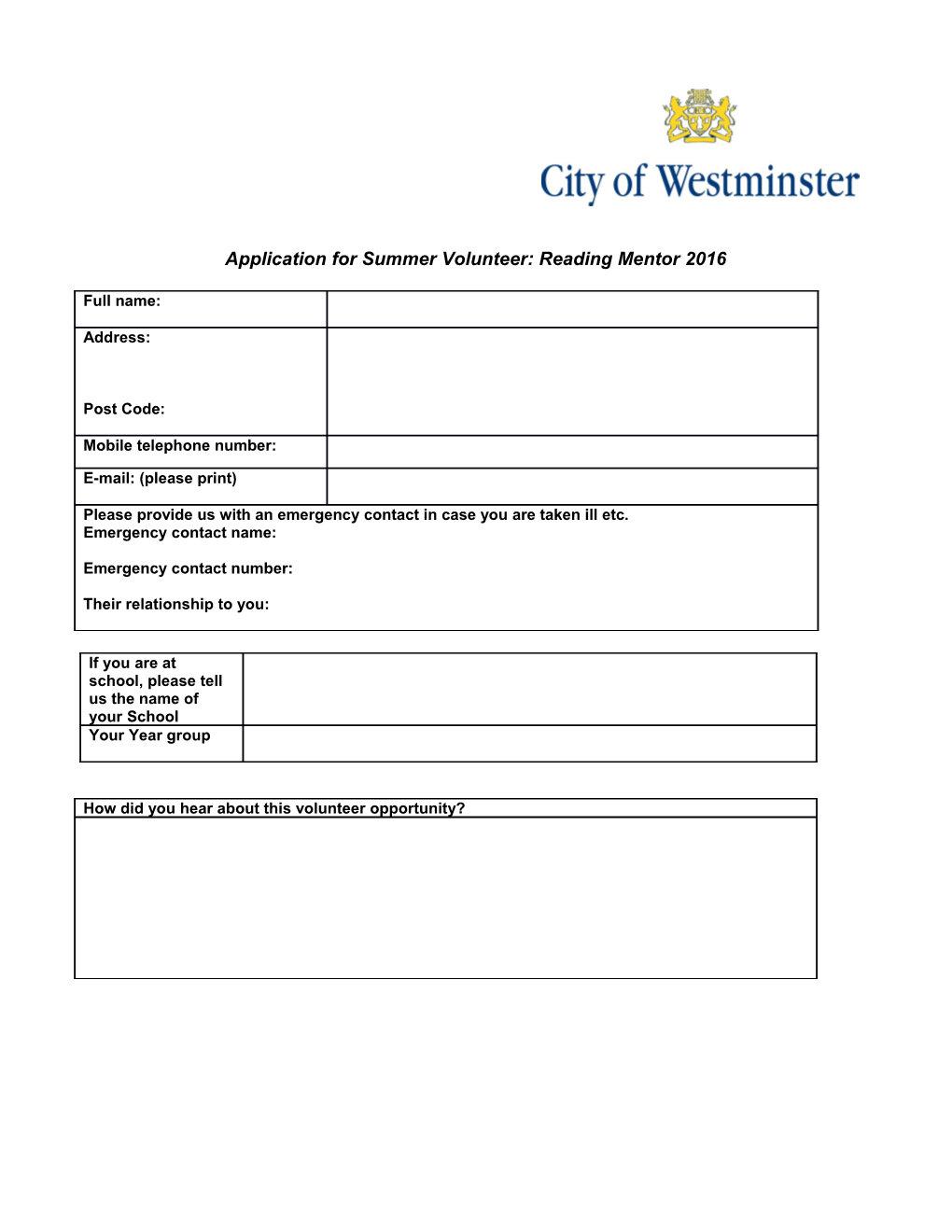 Application for Summer Volunteer: Reading Mentor 2016