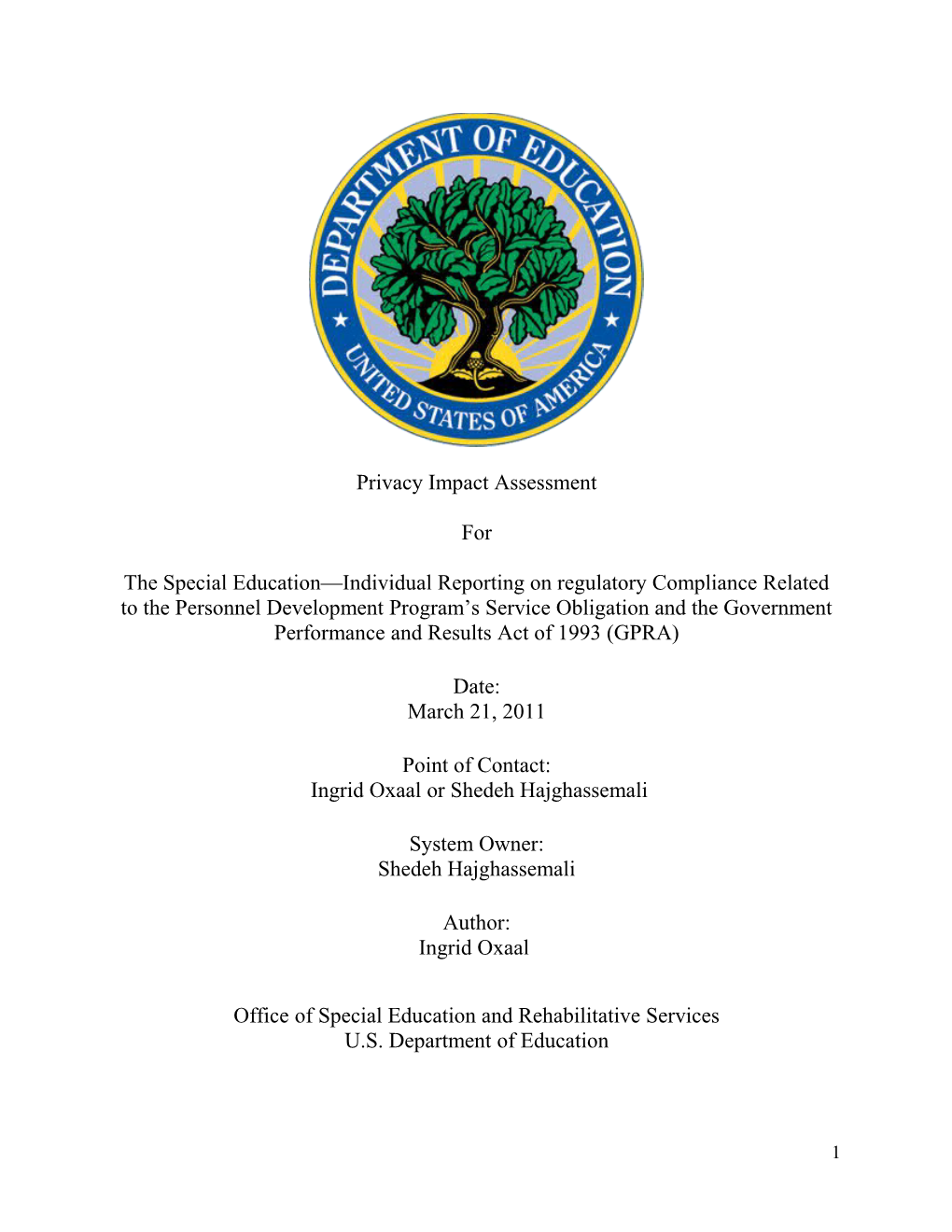 Privacy Impact Assessment for the Special Education Individual Reporting on Regulatory