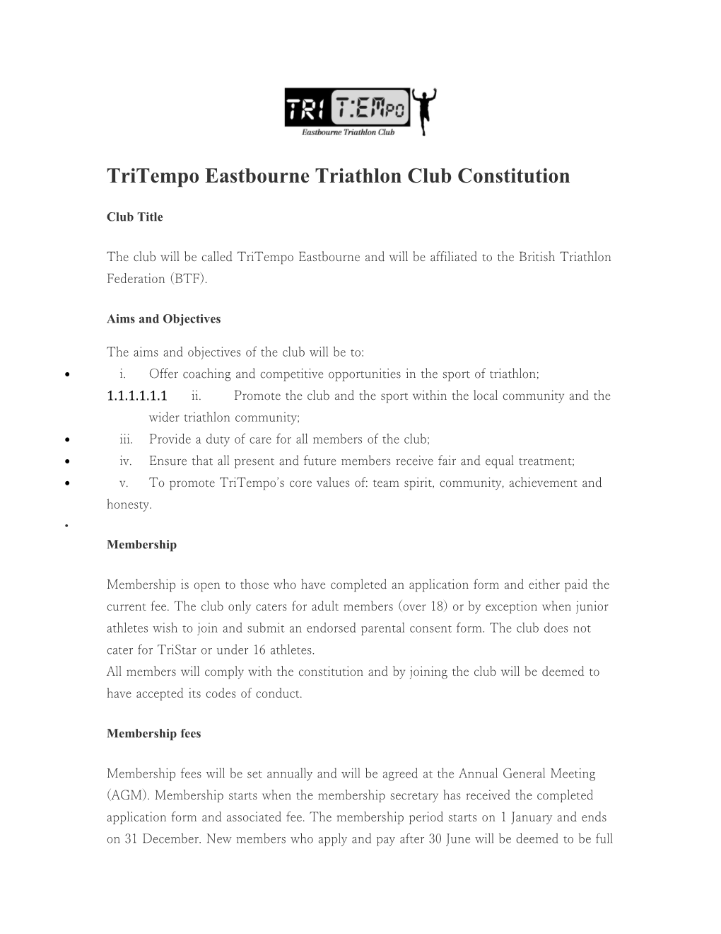 Tritempo Eastbourne Triathlon Club Constitution
