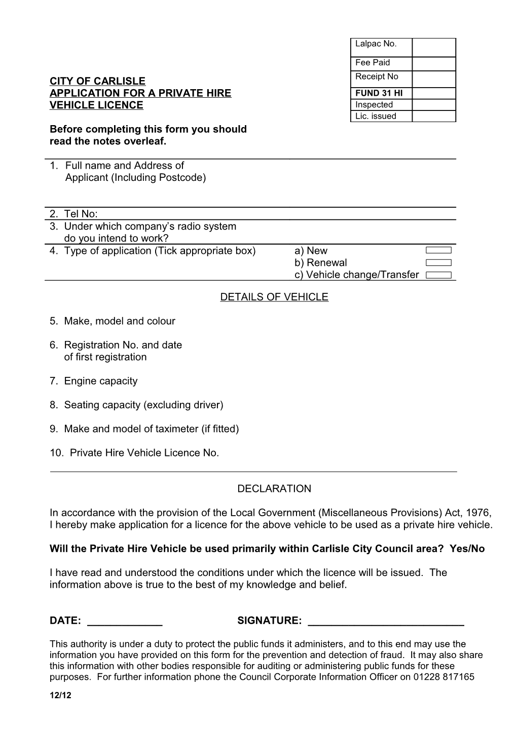 Application for a Private Hire