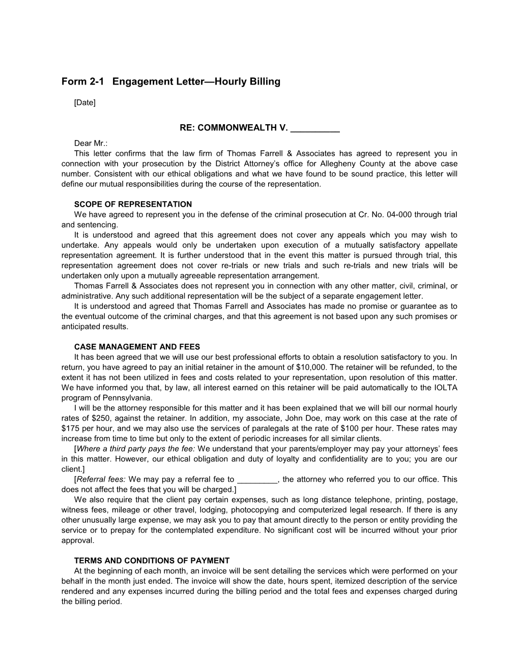 Form 2-1Engagement Letter Hourly Billing