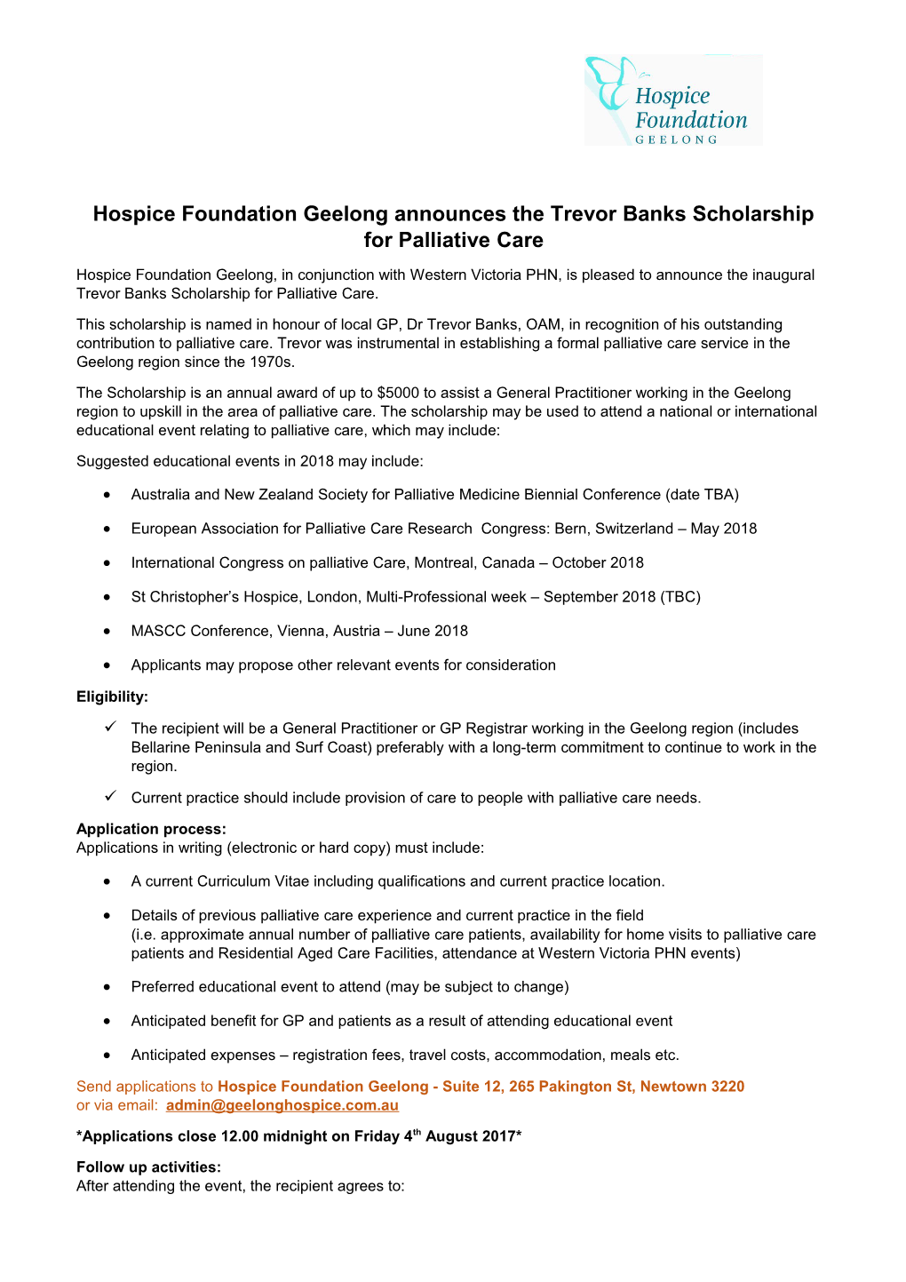 Hospice Foundation Geelong Announces the Trevor Banks Scholarship for Palliative Care