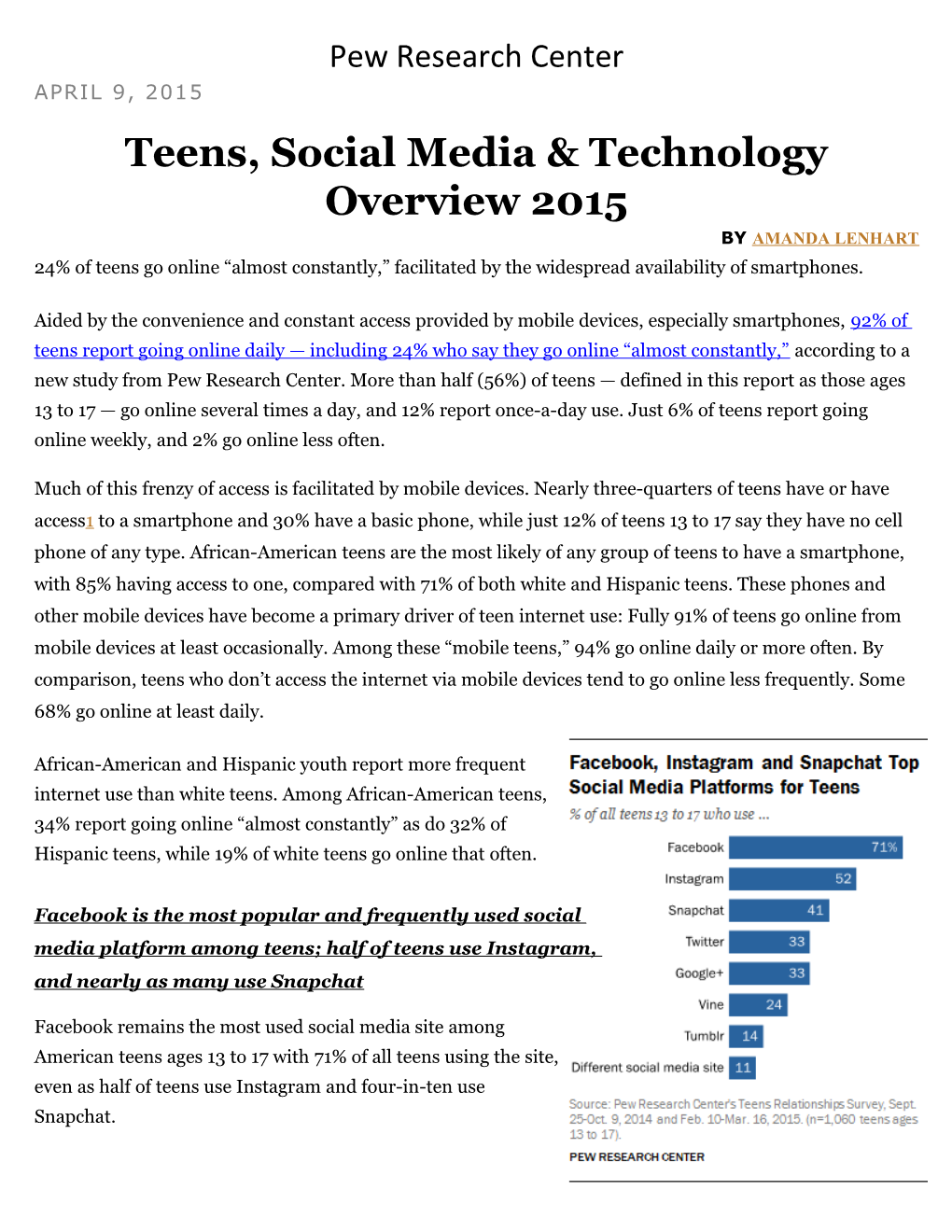 Teens, Social Media & Technology Overview 2015