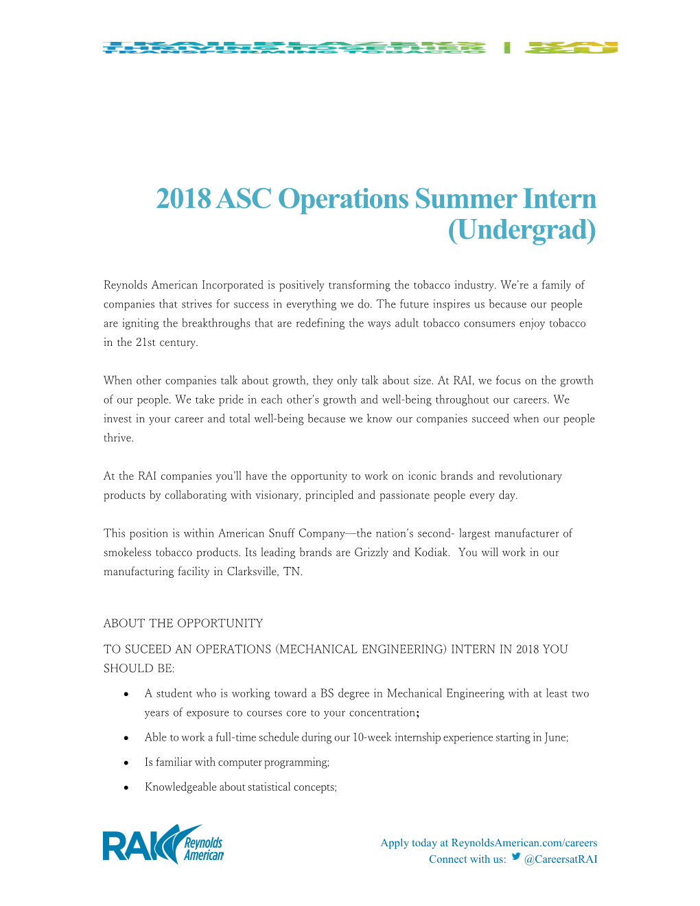 2018 ASC Operations Summer Intern (Undergrad)