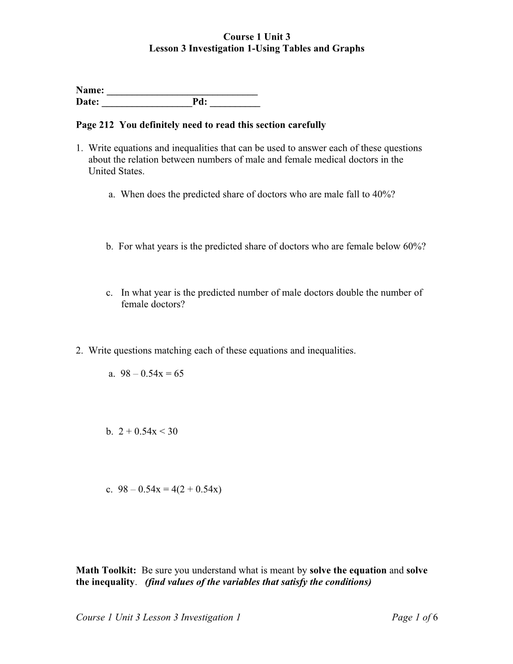 Lesson 3 Investigation 1-Using Tables and Graphs