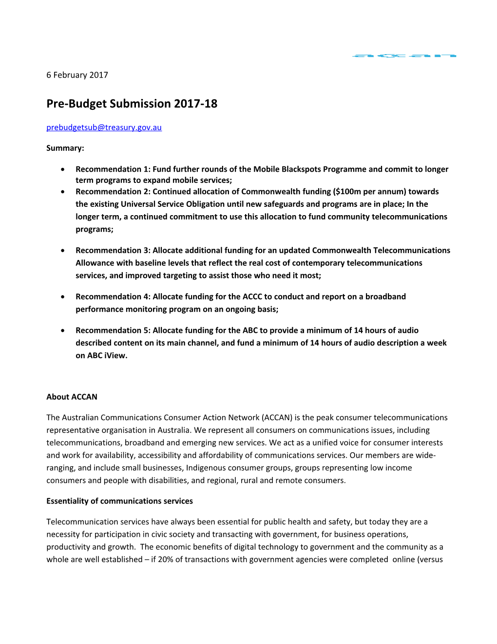 Pre-Budget Submission 2017-18