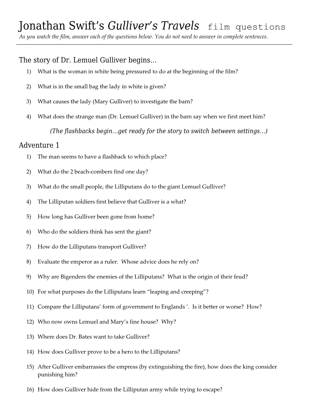 Jonathan Swift S Gulliver S Travels Film Questions