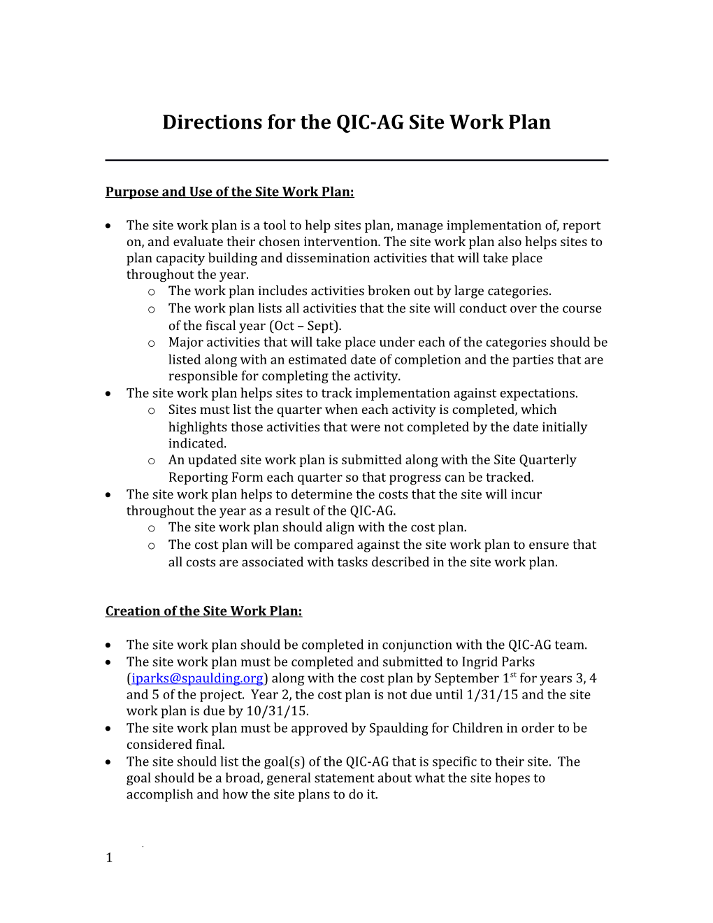 Directions for the QIC-AG Site Work Plan