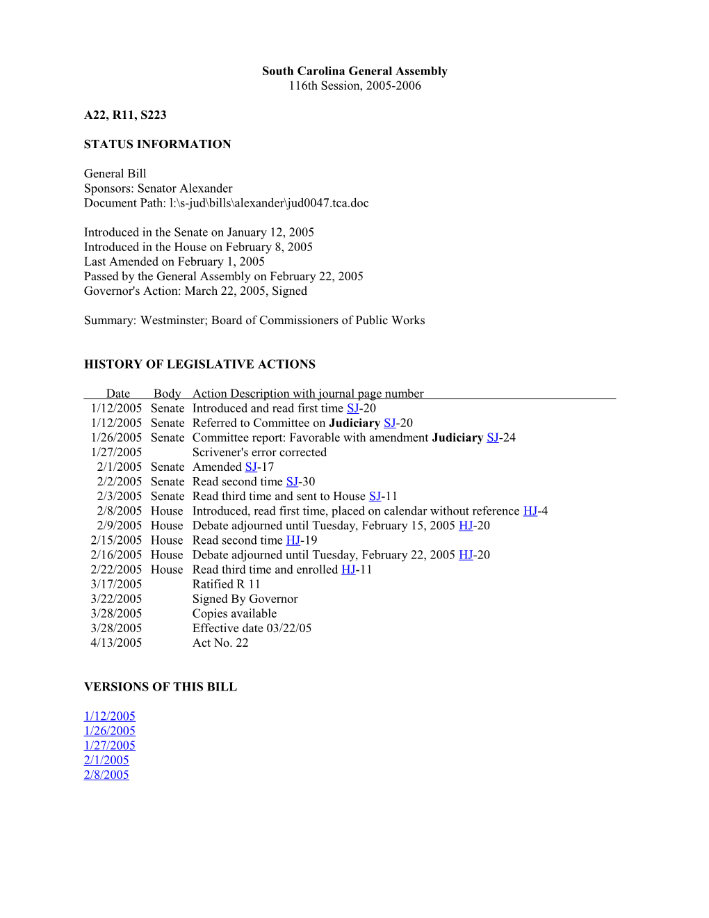 2005-2006 Bill 223: Westminster; Board of Commissioners of Public Works - South Carolina