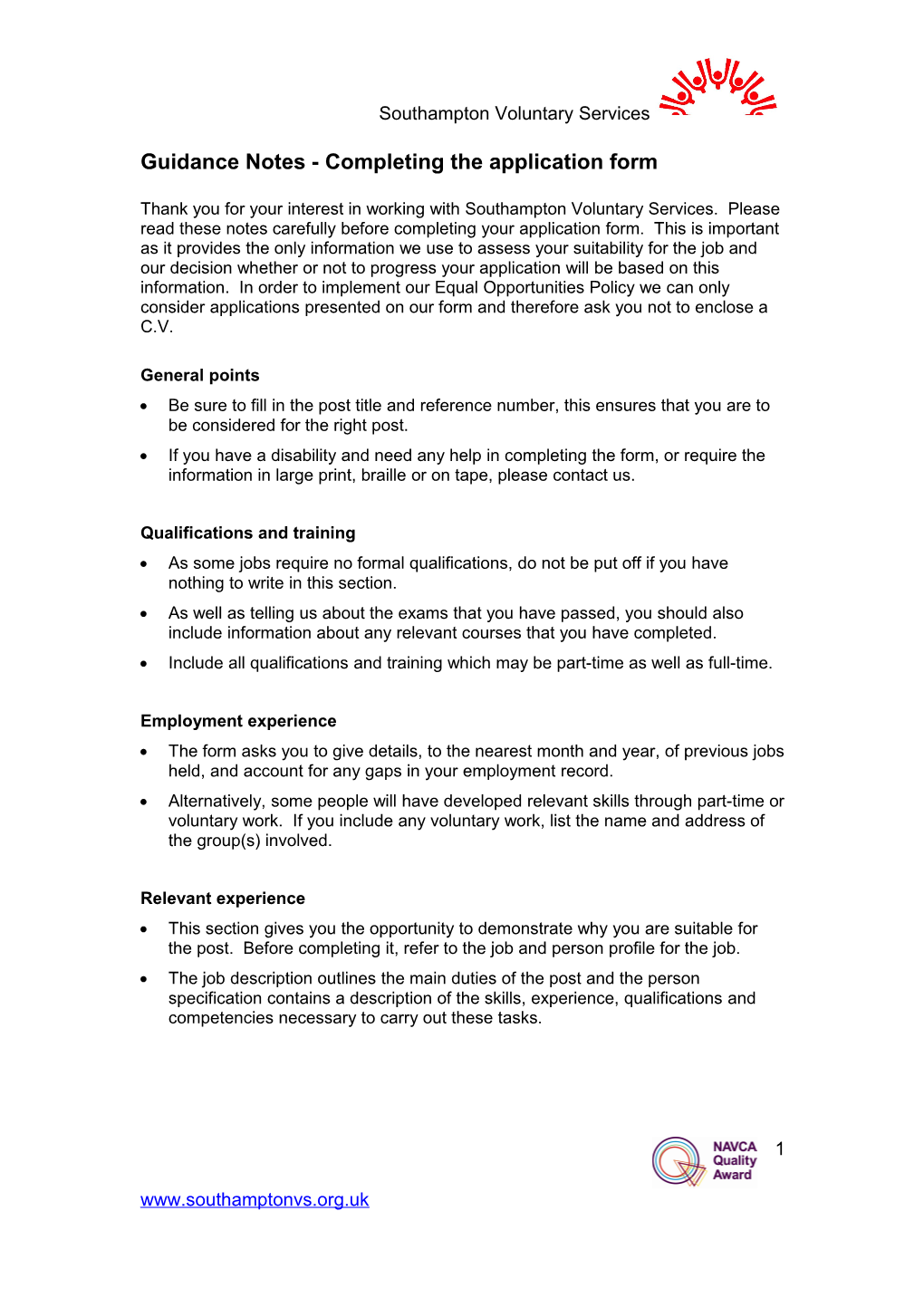 Guidance Notes - Completing the Application Form