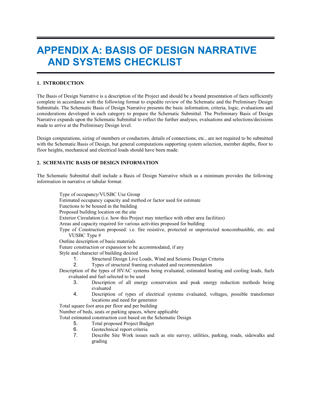 Appendix A: Basis of Design Narrative and Systems Checklist