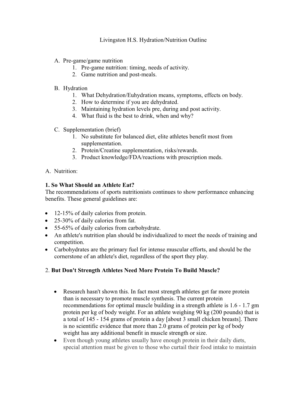 Livingston H.S. Hydration/Nutrition Outline