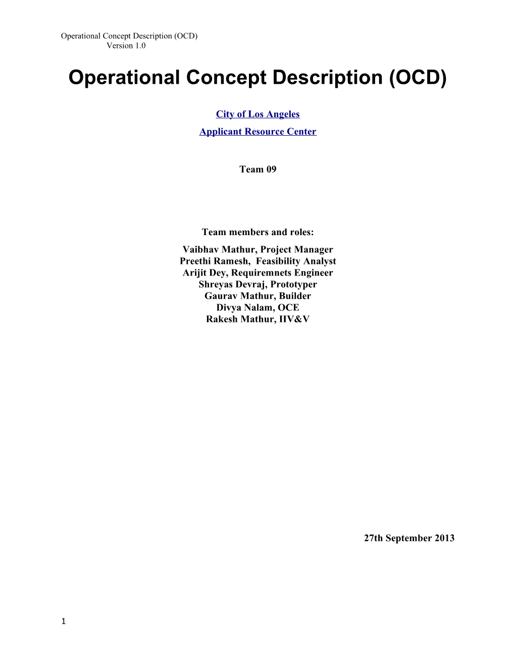 Operational Concept Description (OCD) Version 1.0