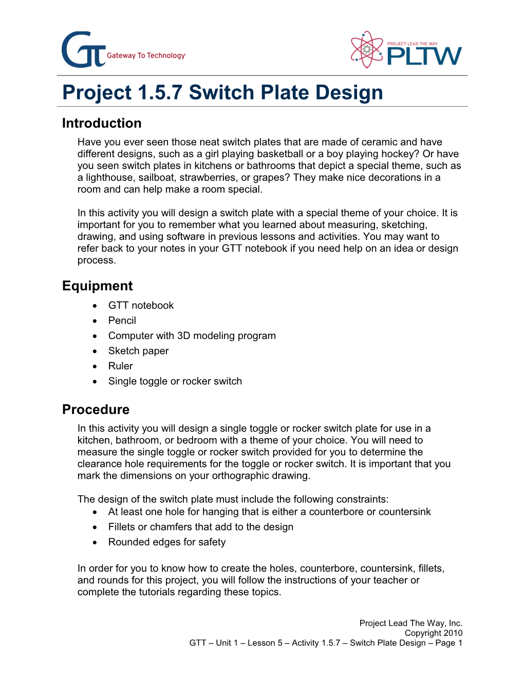 Activity 1.5.7 Switch Plate Design
