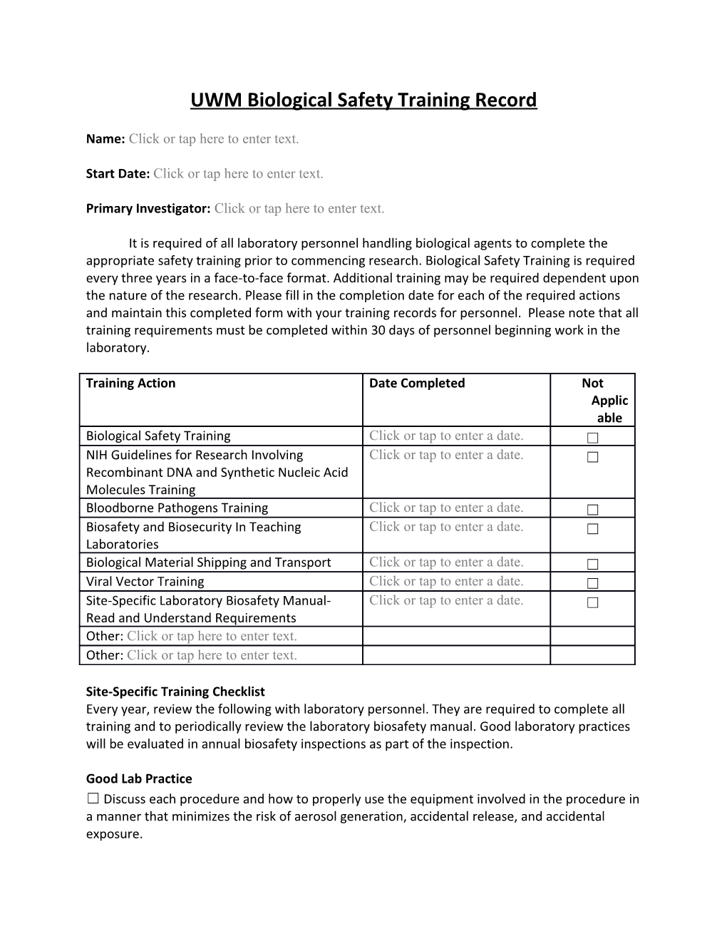 UWM Biological Safety Training Record