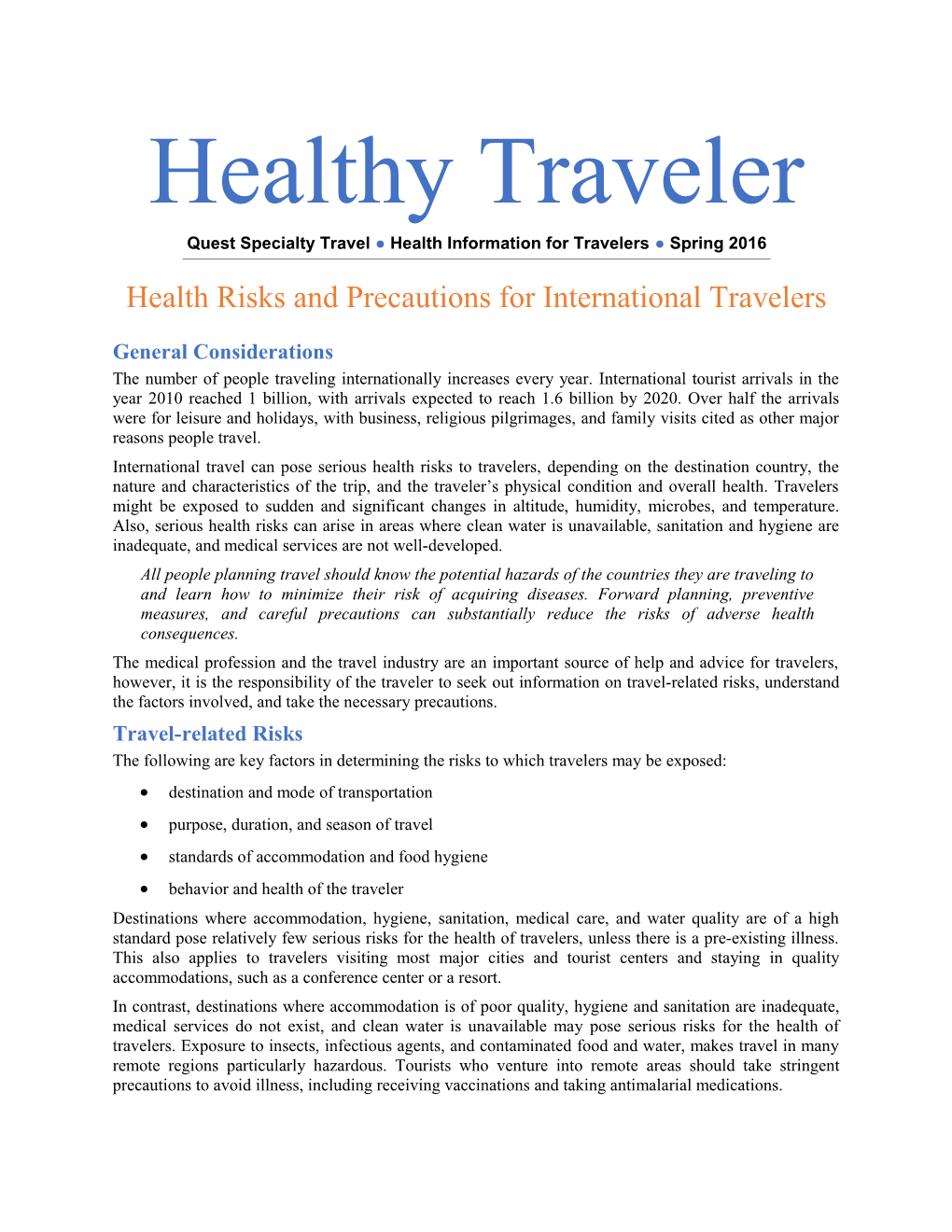 Quest Specialty Travel Health Informationfor Travelers Spring 2016