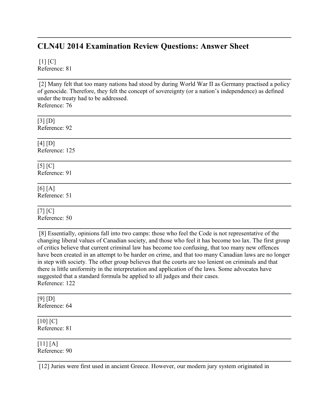 CLN4U 2014 Examination Review Questions: Answer Sheet