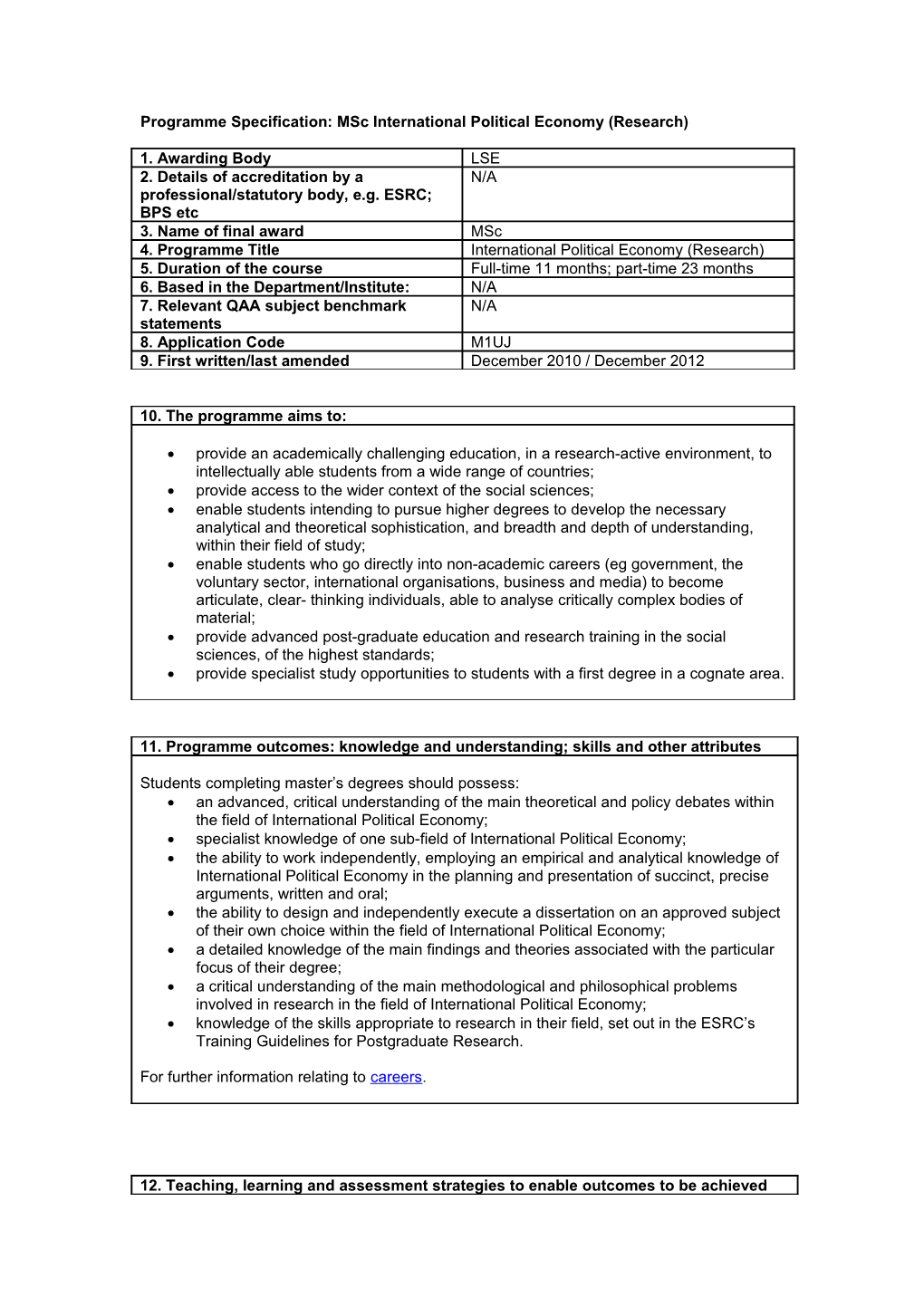 Programme Specification: Msc International Political Economy (Research)