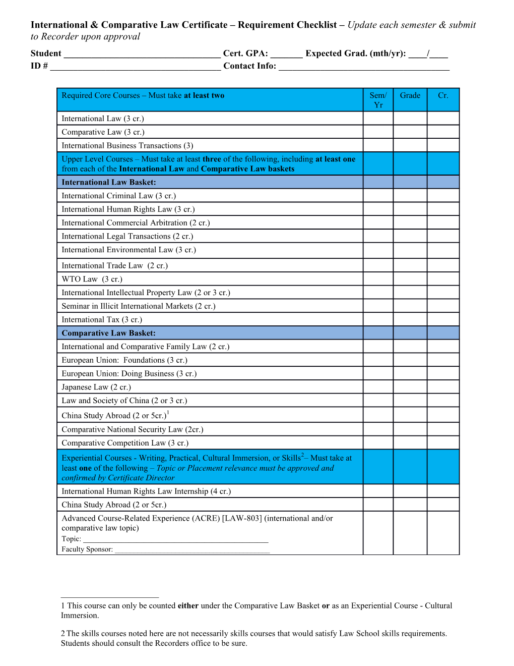 International & Comparative Lawcertificate Requirement Checklist Update Each Semester