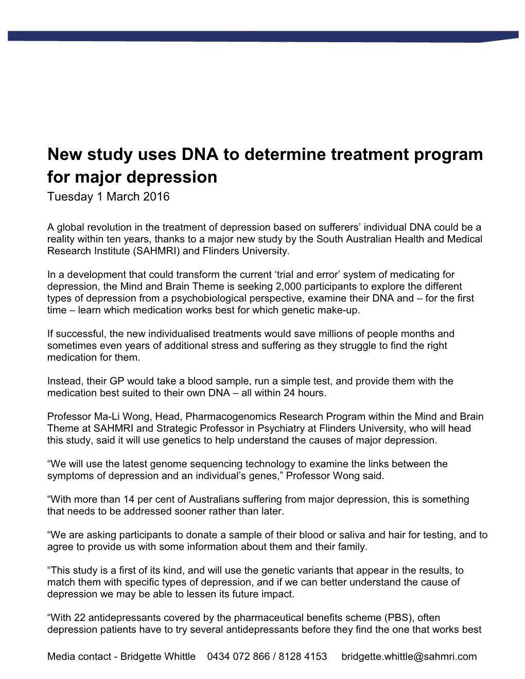 New Study Uses DNA to Determine Treatment Program for Major Depression