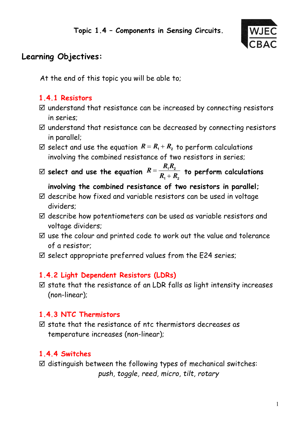 Topic 1.4 Components in Sensing Circuits