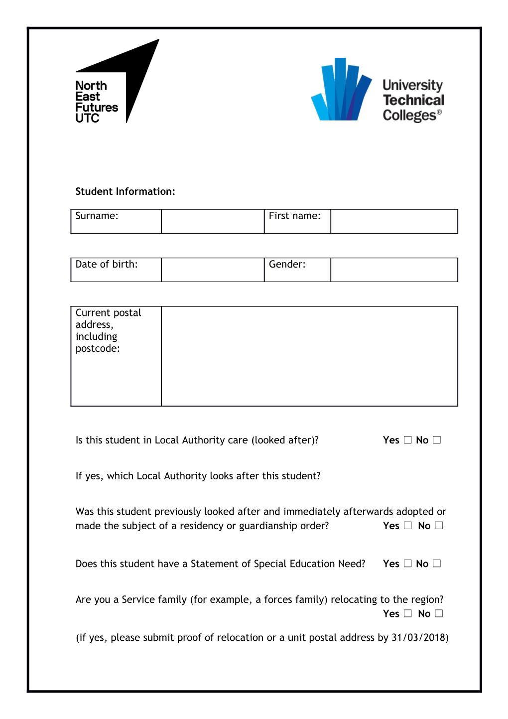 North East Futures UTC Application for Year 10 September 2018