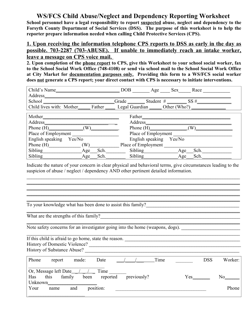 WS/FCS Child Abuse/Neglect and Dependency Reporting Worksheet