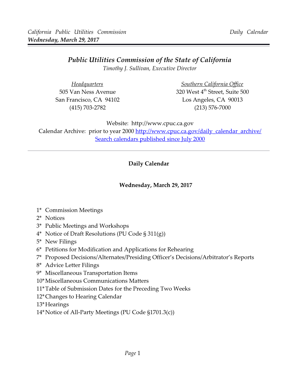 California Public Utilities Commission Daily Calendar Wednesday, March 29, 2017