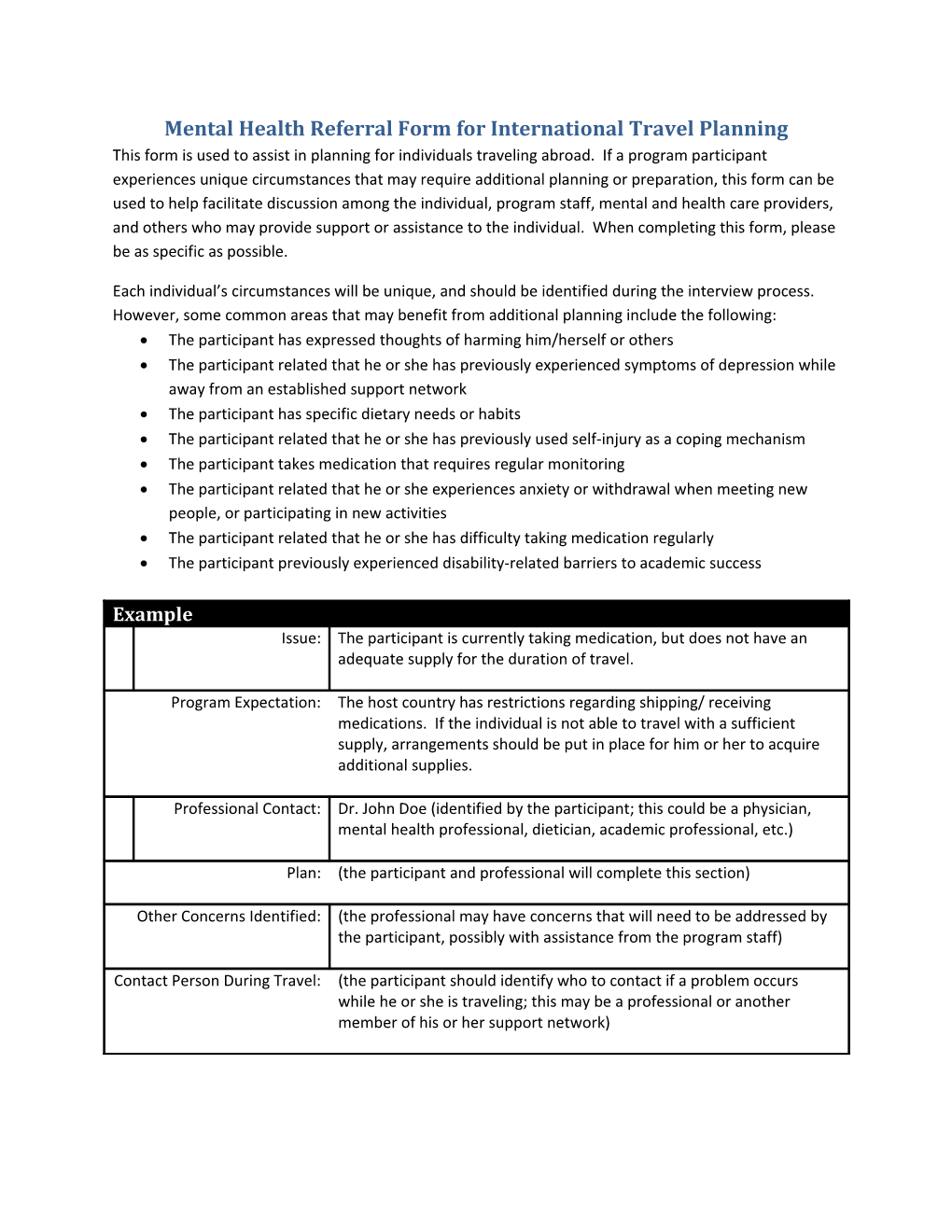 Mental Health Referral Form for International Travel Planning