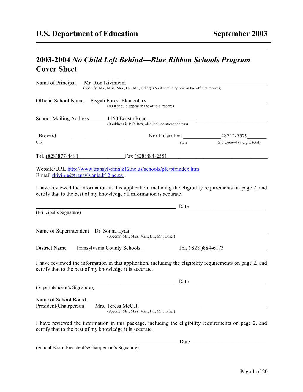 Pisgah Forest Elementary School 2004 No Child Left Behind-Blue Ribbon School Application