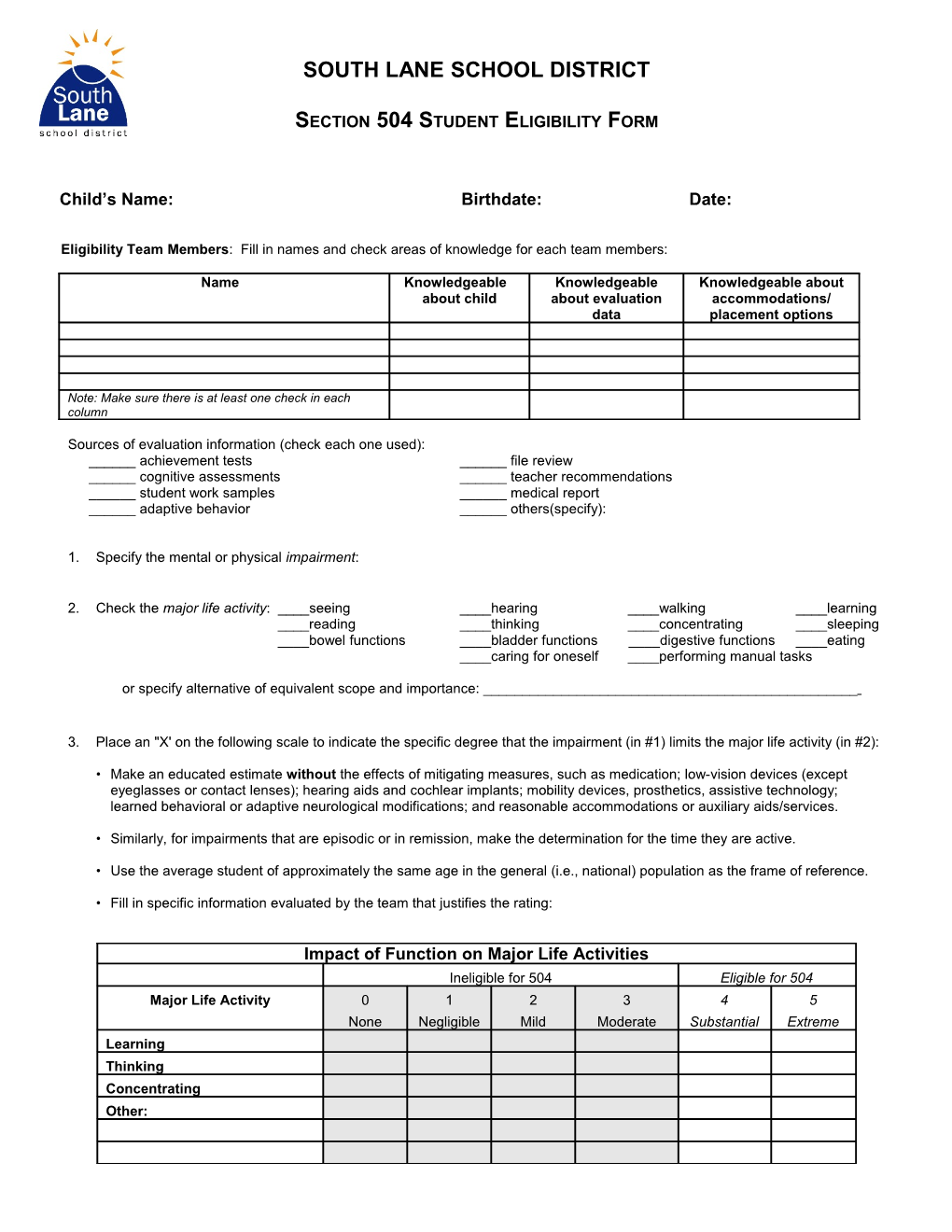 Section 504/Ada Student Eligibility Form*