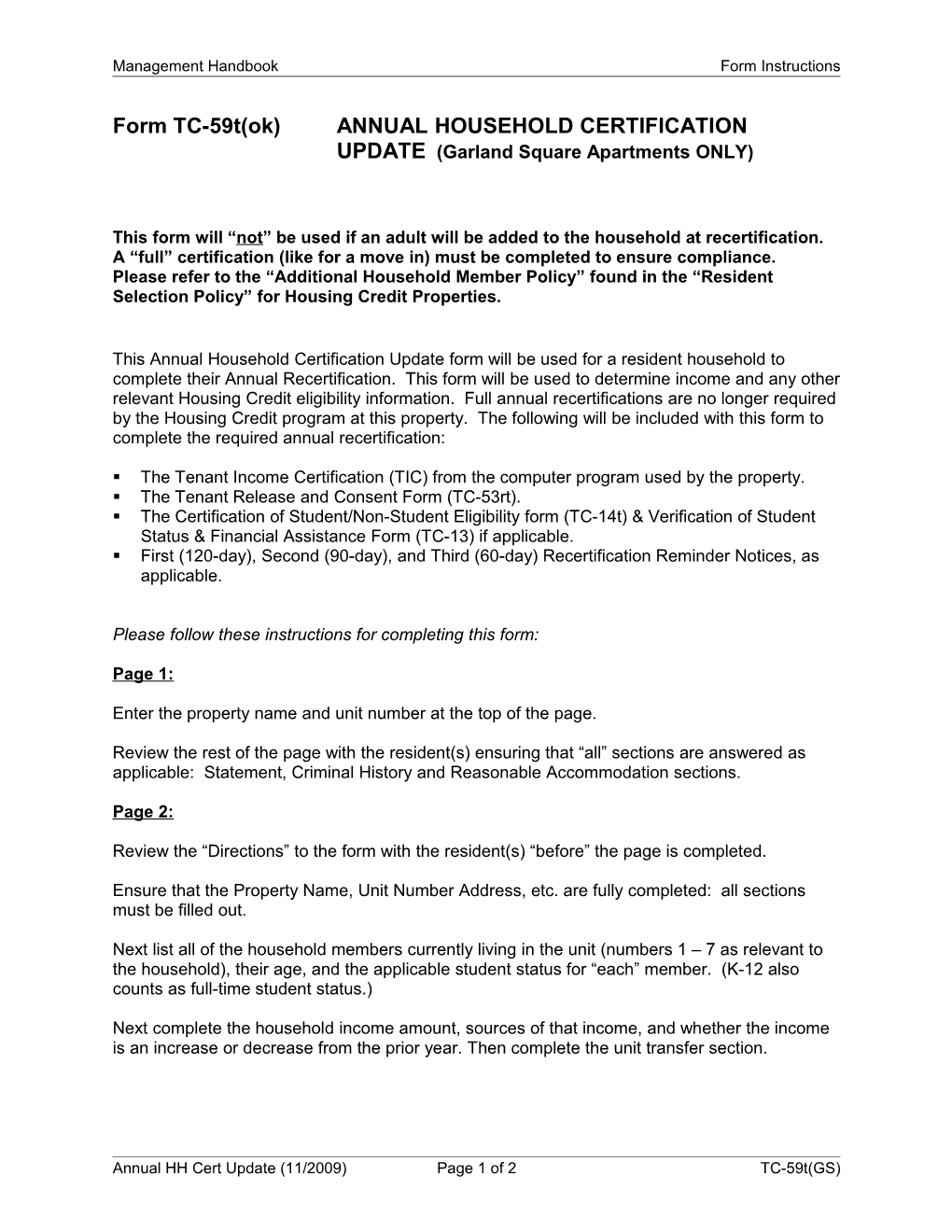 Form TC-59T(Ok)ANNUAL HOUSEHOLD CERTIFICATION UPDATE (Garland Square Apartments ONLY)