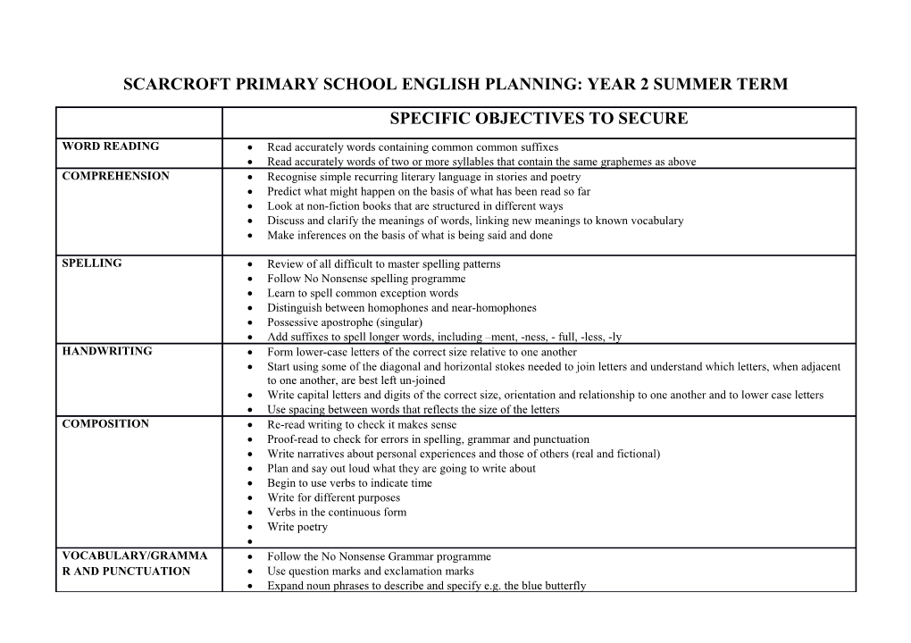 Scarcroft Primary Schoolenglish Planning: Year 2 Summer Term