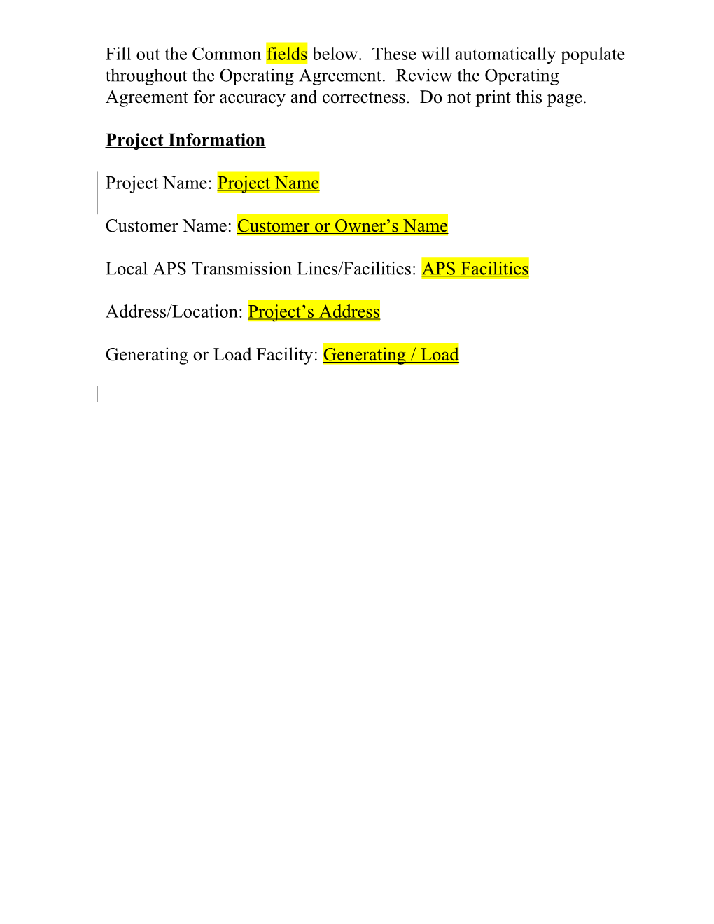 Power Operations Operating Agreement