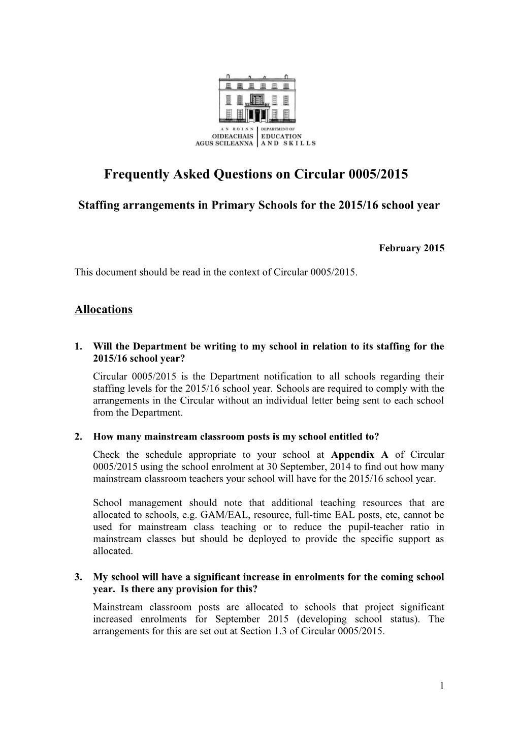 Staffing Arrangements in Primary Schools for the 2015/16 School Year