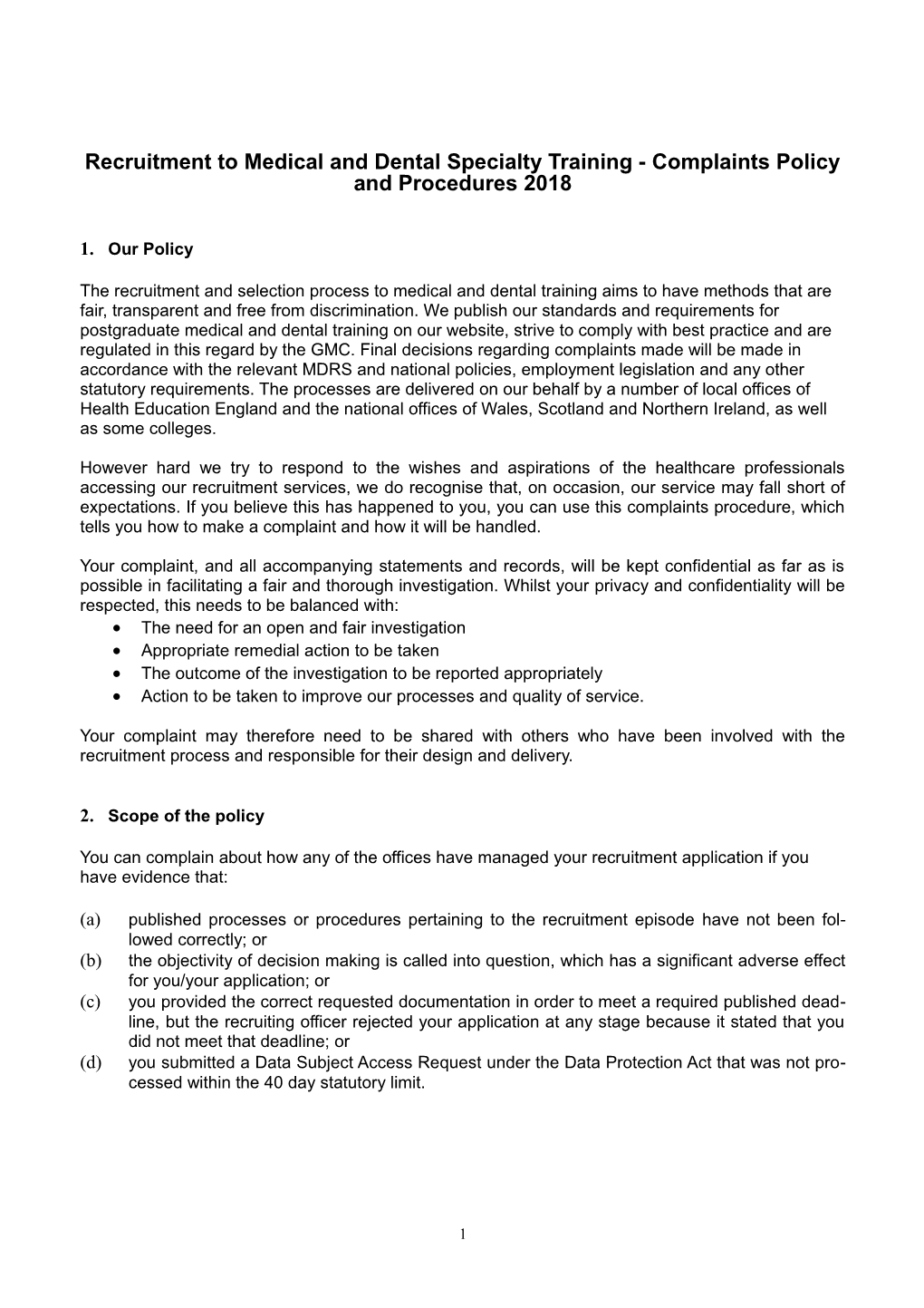 Recruitment to Medical and Dental Specialty Training - Complaints Policy and Procedures 2018