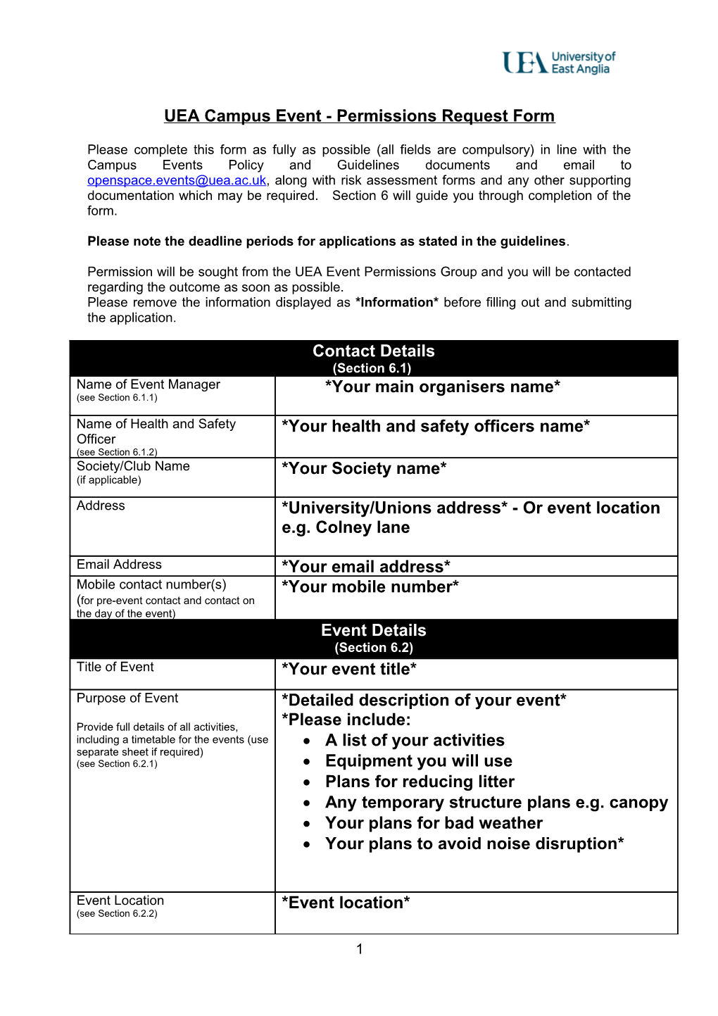 UEA Campus Event - Permissions Request Form