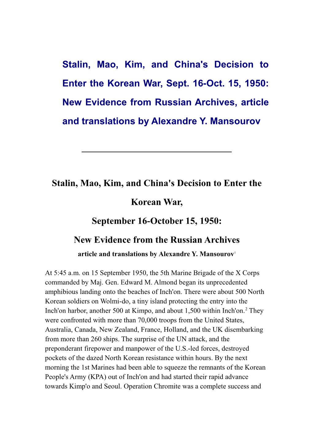 Stalin, Mao, Kim, and China's Decision to Enter the Korean War, Sept