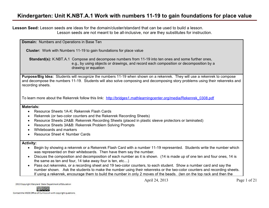 Kindergarten: Unit K.NBT.A.1 Work with Numbers 11-19 to Gain Foundations for Place Value