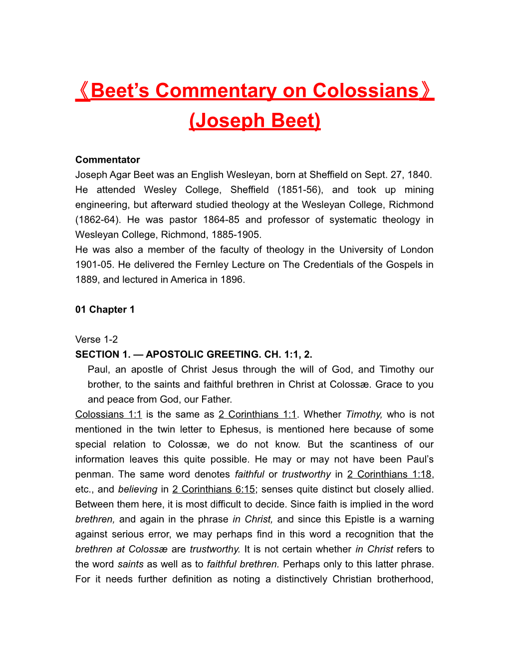 Beet S Commentary on Colossians (Joseph Beet)