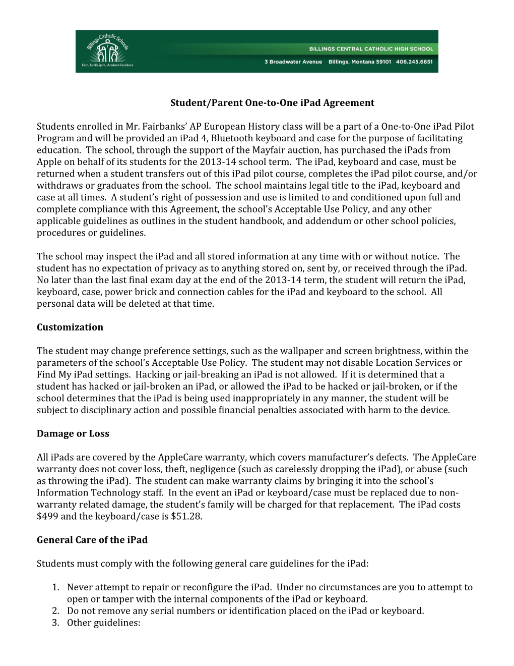 Student/Parent One-To-One Ipad Agreement