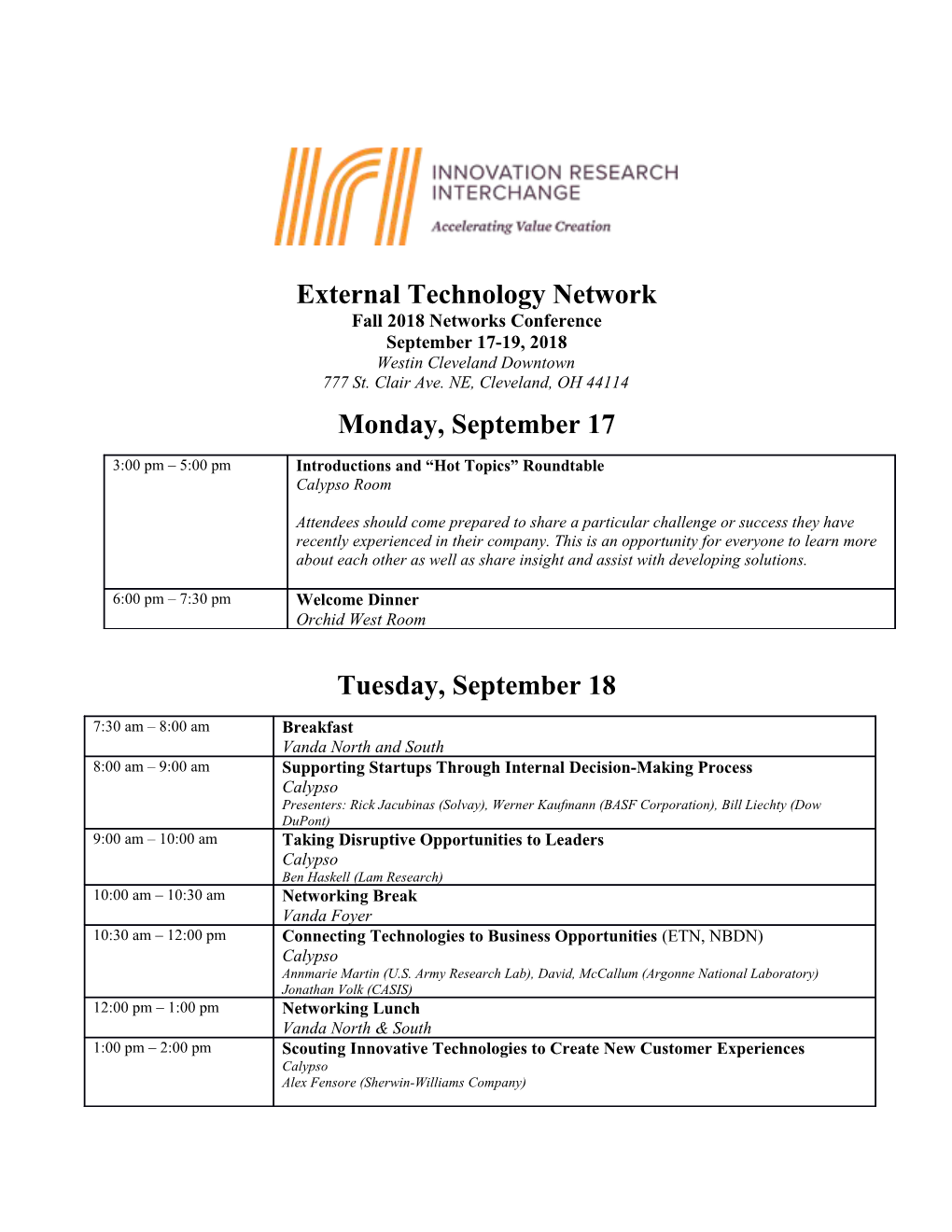 External Technology Network Fall 2018 Networks Conference September 17-19, 2018 Westin
